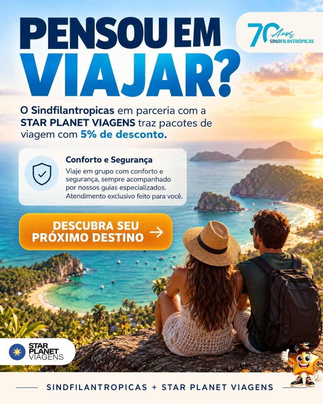 Divulgação da parceria do SindFilantrópicas com a Star Planet Viagens: casal contemplando uma enseada e o mar ao pôr do sol
